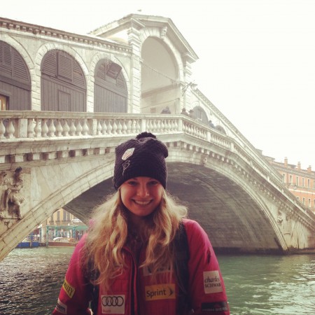 Jessie Diggins stands near the Rialto Bridge during a day trip to Venice, Italy, earlier this month. (Photo: Jessie Diggins/http://jessiediggins.com/)