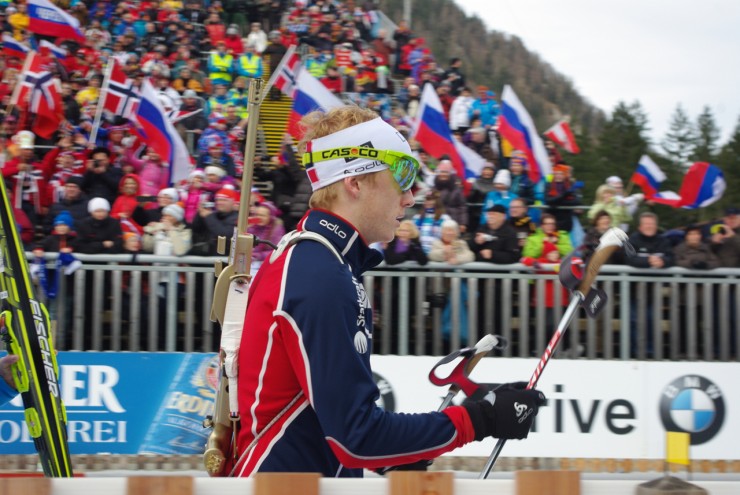 Johannes Thingnes Bo (NOR) on the way to the start in Ruhpolding, Germany, earlier this season.