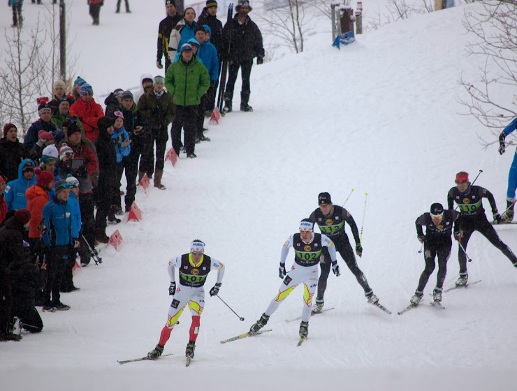 Phil Widmer (AWCA/NST) leads teammate Jesse Cockney (second from l) and the rest of the men's final at the 2014 Canadian Olympic Trials on Jan. 11 in Canmore, Alberta. (Photo: Angus Cockney)