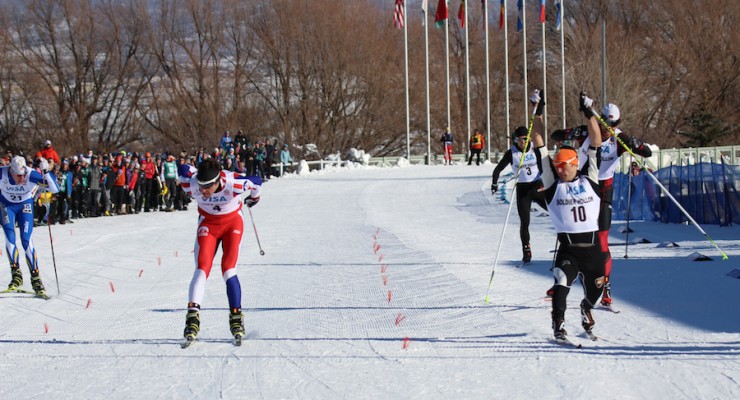 Torin Koos (BSF) out-lunges Ben Saxton (SMST2) for the win of the 1.5 k freestyle sprint at the U.S. Cross Country Championships. (Photo: Tom Scrimgeour)