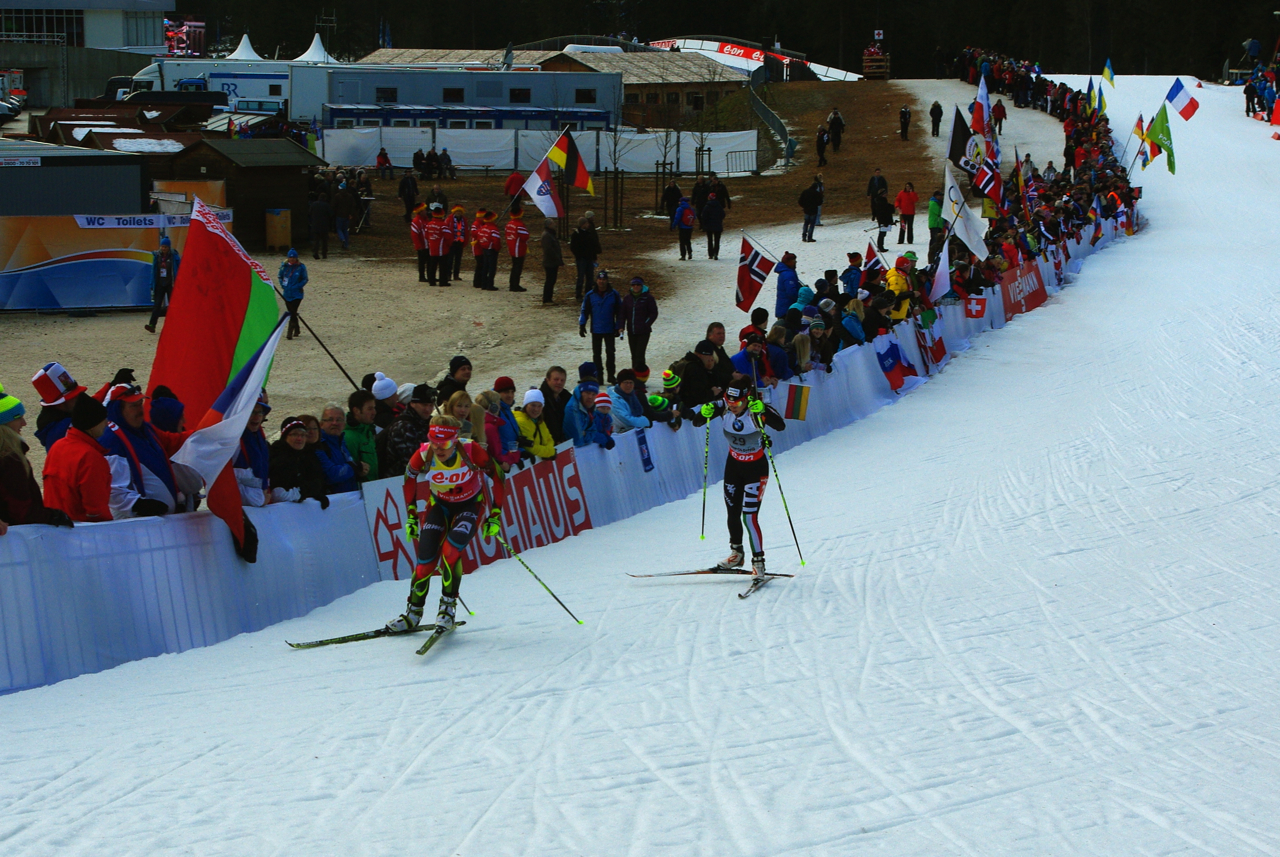 Gabriela Soukalova of the Czech Republic leads Dorothea Wierer of Italy during the 15 k individual today.