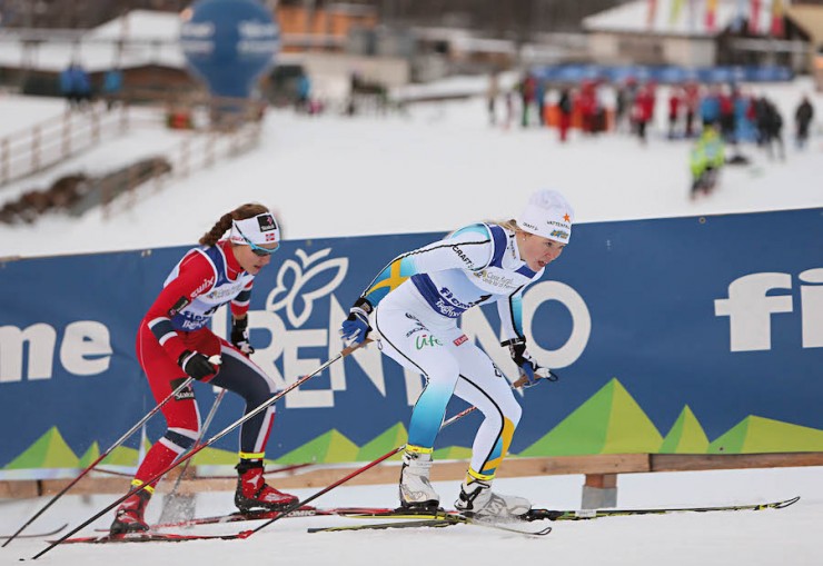 Sundling leads Weng in the junior women's 1.2 k freestyle sprint on Wednesday at Junior World Championships in Val di Fiemme, Italy. (Photo: Fiemme2014)