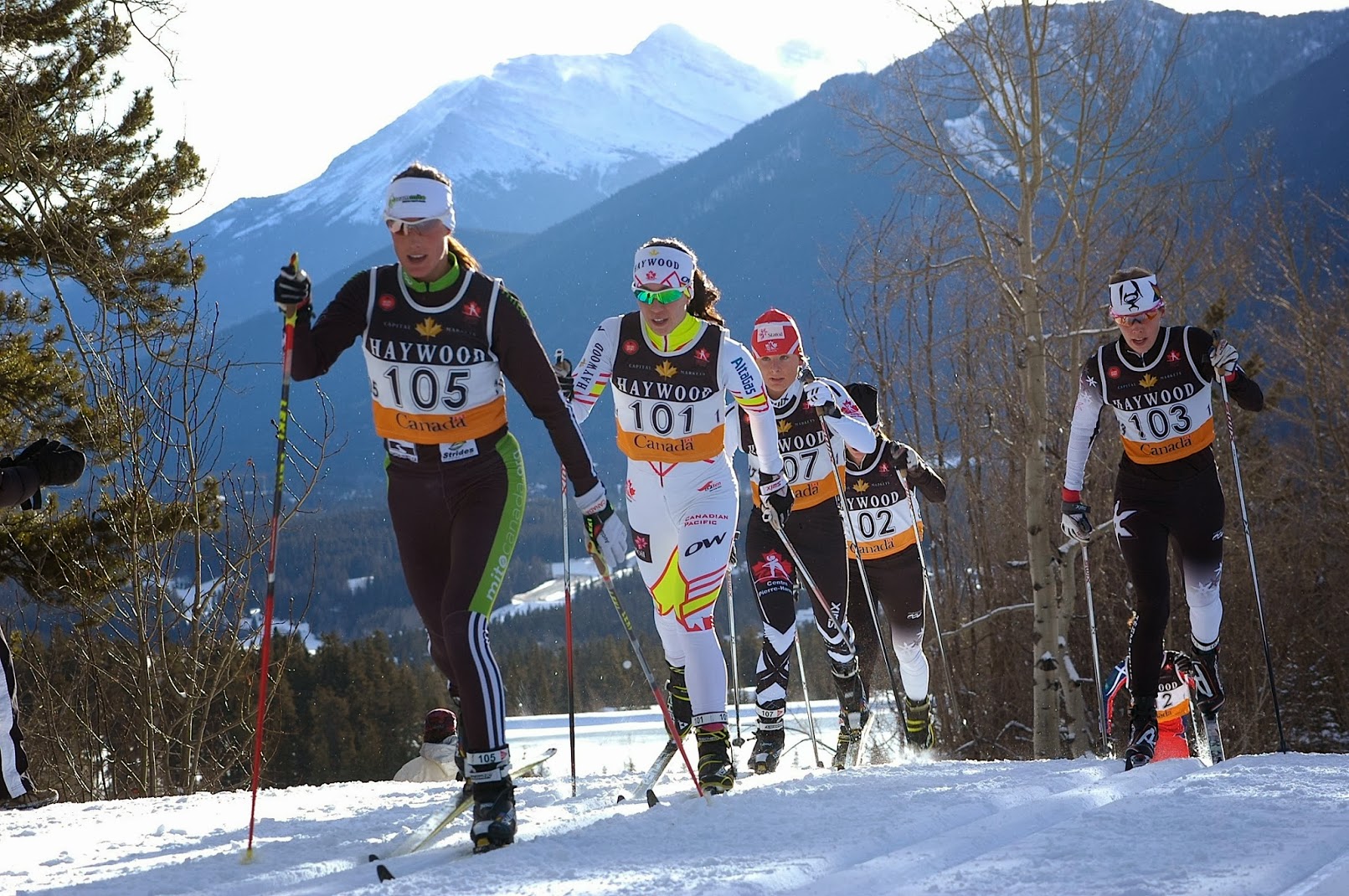 Emily Nishikawa (101) follows Brittany Webster (105) in the women's 15 k skiathlon at Canadian Olympic Team Trials on Jan. 12 in Canmore, Alberta. Nishikawa placed sixth in the final race of the trials, securing her spot at the 2014 Sochi Olympics from Feb. 7-23. Webster took second after winner Amanda Ammar (102). (Photo: Angus Cockney)