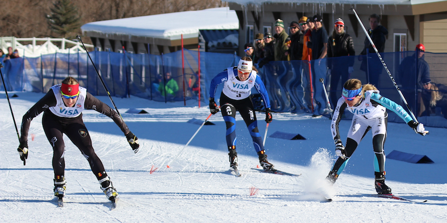Jennie Bender of the Bridger Ski Foundation (l) edges Caitlin Gregg (r) of Team Gregg/Madshus for the skate-sprint victory at U.S. Cross Country Championships on Sunday at Soldier Hollow in Midway, Utah. APU's Rosie Brennan (c) took third. (Photo: Tom Scrimgeour)