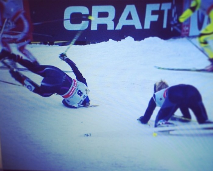 Jessie Diggins (l) tumbling headfirst over Switzerland's Laurien van der Graaff, who fell right in front of her on the last turn of the women's 1.5 k freestyle sprint final at the World Cup in Szklarska Poreba, Poland. (Photo: FIS Cross Country/Instagram) http://instagram.com/p/jV7XJjrzzf/