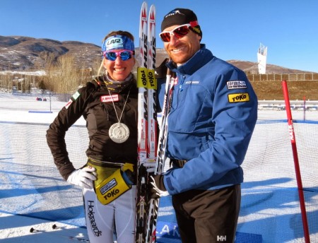 Team Gregg celebrates Caitlin's national title in the 20 k freestyle mass start at 2014 U.S. nationals in Midway, Utah. Earlier in the day, Brian placed second to Sylvan Ellefson (SSCV/Team HomeGrown) in the men's 30 k freestyle mass start. (Photo: Caitlin Gregg/In the Arena)