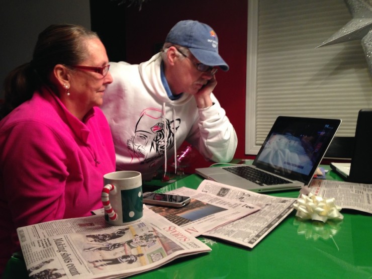 Deborah and Ronn Randall, the parents of Olympic cross-country skier Kikkan Randall, watch their daughter compete in a race in Poland on Saturday, Jan. 11. The pair was watching early in the morning from Deborah's East Anchorage condominium. (Photo: Nathaniel Herz | Anchorage Daily News)