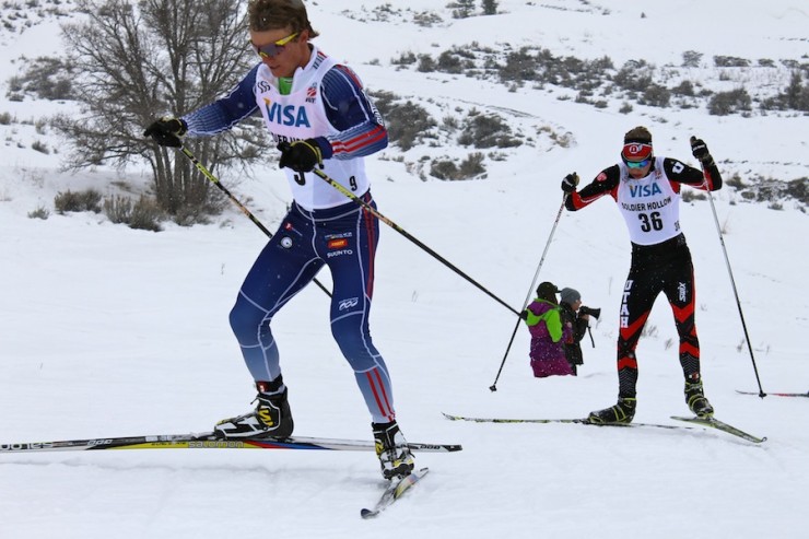 Mikey Sinnott of the Sun Valley Gold Team (l) leads Oscar Ivars (University of Utah) up an early climb in the fourth of six laps on Wednesday. Third in the 30 k freestyle mass start at the time, Sinnott placed fourth.
