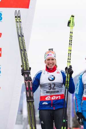 Susan Dunklee (US Biathlon) is all smiles after her fourth place finish in Antholz, Italy. (US Biathlon/Nordic Focus) 