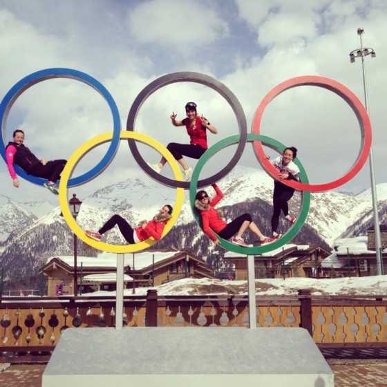 Several members of the Canadian Olympic cross-country ski team get the perfect photo opp at the Olympic rings in Krasnaya Polyana, Russia. (From left to right): Perianne Jones, Amanda Ammar, Heidi Widmer, Brittany Webster, and Emily Nishikawa. (Photo: Emily Nishikawa)