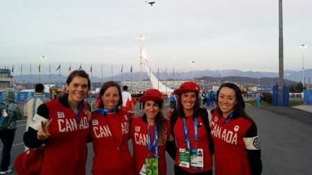 The Canadian women's team before the Closing Ceremony in Sochi, Russia: (from left to right) Heidi Widmer, Perianne Jones, Amanda Ammar, Brittany Webster, Emily Nishikawa (Photo: Emily Nishikawa)