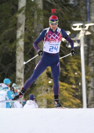 Norwegian biathlete Ole Einar Bjoerndalen skiing to the win in Saturday's 10 k pursuit at the Sochi Olympics.