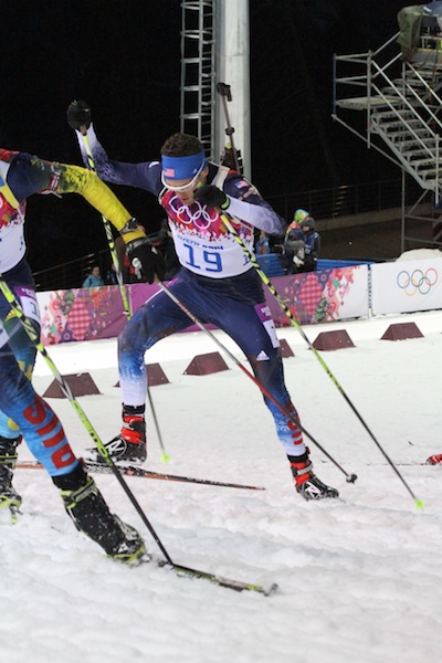 American biathlete Tim Burke racing in Monday's Olympic pursuit race at the Sochi Games