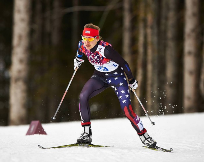 Sophie Caldwell (U.S. Ski Team) racing to sixth in the individual freestyle sprint at the 2014 Winter Olympics in Sochi, Russia. (Photo: Fischer/NordicFocus)
