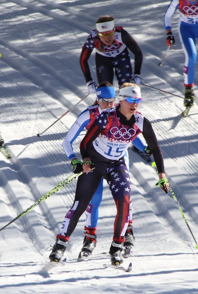 Jessie Diggins (U.S. Ski Team) racing to eighth in the 15 k skiathlon, the first race of her first Olympics, on Saturday in Sochi, Russia. The result tied the best Olympic showing by an American female cross-country skier, set by Kikkan Randall at the 2010 Vancouver Games. 