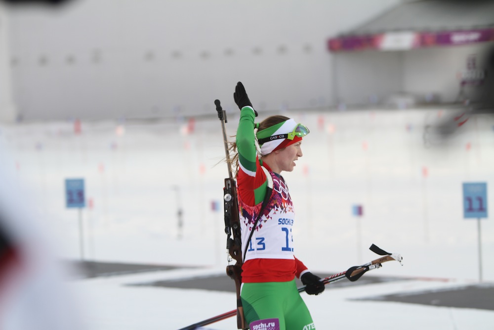 Dasha Domracheva of Belarus in the range. She ended up with a single penalty to win the Olympic 15 k individual on Friday night in Sochi, Russia.