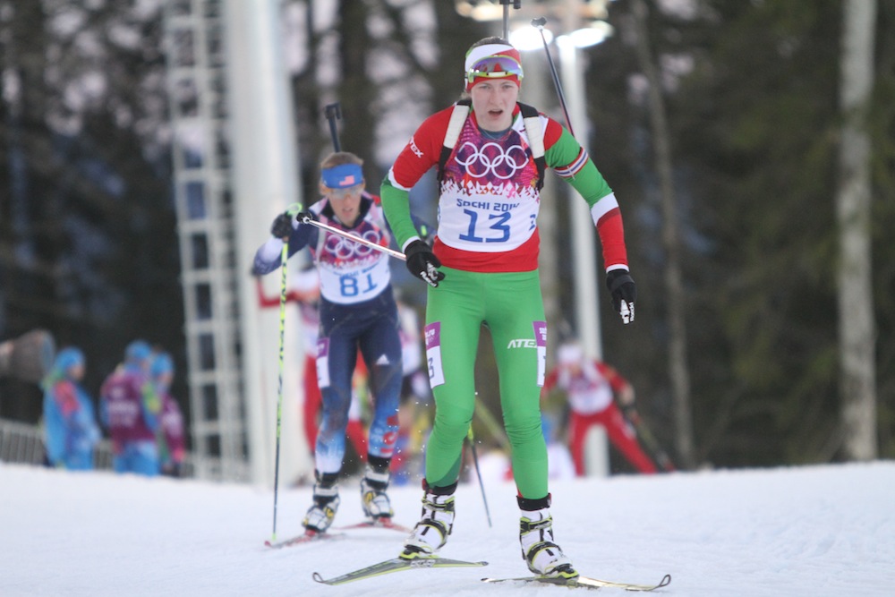 Dasha Domracheva racing to her second gold of these Olympics in Friday's 15 k individual start. She became the first Belarusian athlete to do so at the same Winter Games, winning by more than a minute and 15 seconds in Sochi, Russia.