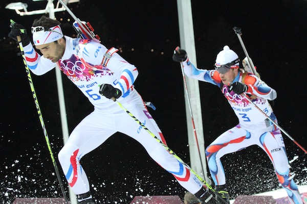 France's Martin Fourcade leads Jaroslav Soukup of the Czech Republic during the men's Olympic 12.5 k pursuit on Monday in Sochi, Russia. 