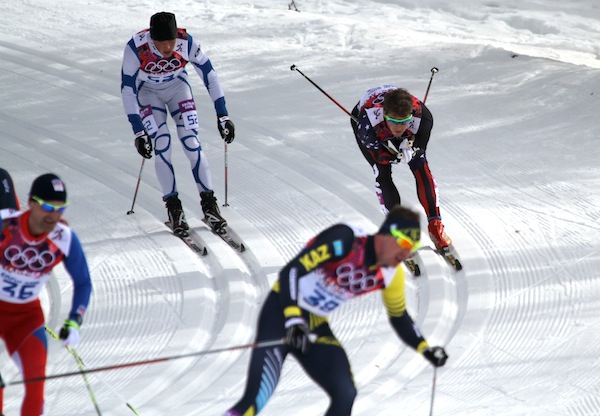 Freeman (back right) descending in the skiathlon at the 2014 Olympics in Sochi, Russia.