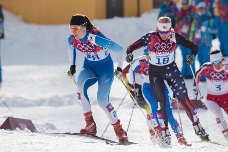 Kikkan Randall, right, racing in the freestyle sprint at the Olympics earlier this week.