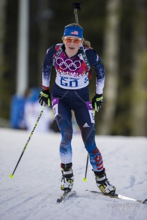 Hannah Dreissigacker (USA) en route to 23rd place in the Olympic 15 k individual in Dreissigacker competing in her first Olympics in Sochi, Russia. Photo: USBA/Paul Phillips/Competitive Image.