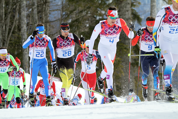 Alex Harvey (4) climbing in the classic leg of Sunday's Olympic 30 k skiathlon, in which he placed 18th in Sochi, Russia.