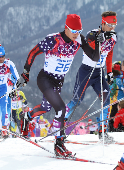 Noah Hoffman (U.S. Ski Team) racing to 35th in the 30 k skiathlon at the Olympics in Sochi, Russia.