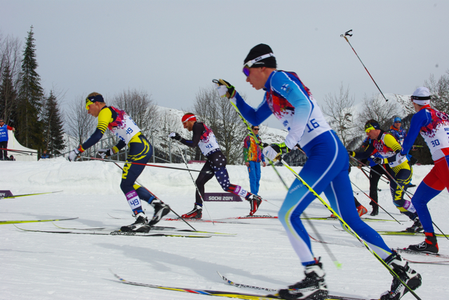 Brian Gregg (USA, center) in the classic portion of the 30 k skiathlon.