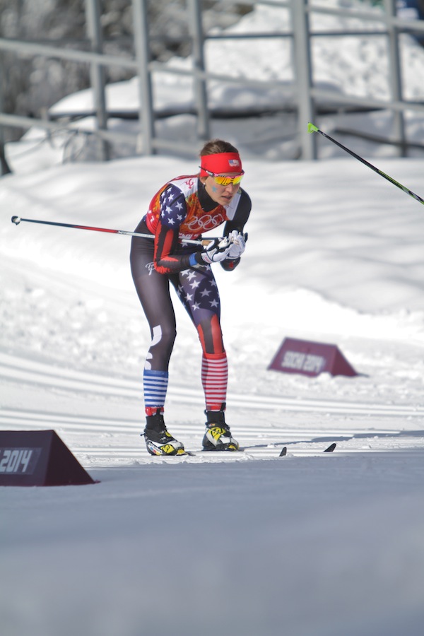 Sophie Caldwell (U.S. Ski Team) sticking with the leaders in the semifinals of Wednesday's Olympic 6 x 1.3 k classic team sprint in Krasnaya Polyana, Russia. Caldwell and teammate Kikkan Randall made the final and placed eighth overall, while Sweden won bronze.