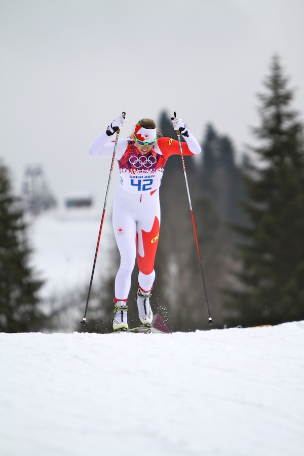Canada's Chandra Crawford racing to 44th in the 1.3 k freestyle sprint qualifier on Tuesday in Sochi, Russia.