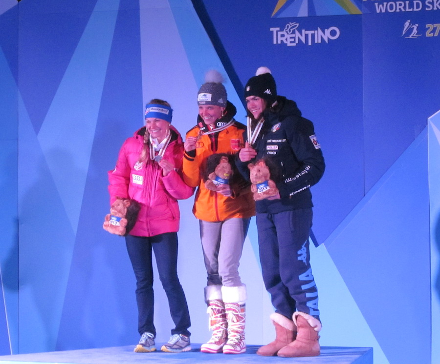 Jessie Diggins of the U.S. Ski Team (l) on the podium after winning silver in the first race of U23 World Championships, the freestyle sprint on Nov. 29 in Val di Fiemme, Italy. (Liz Guiney courtesy photo)