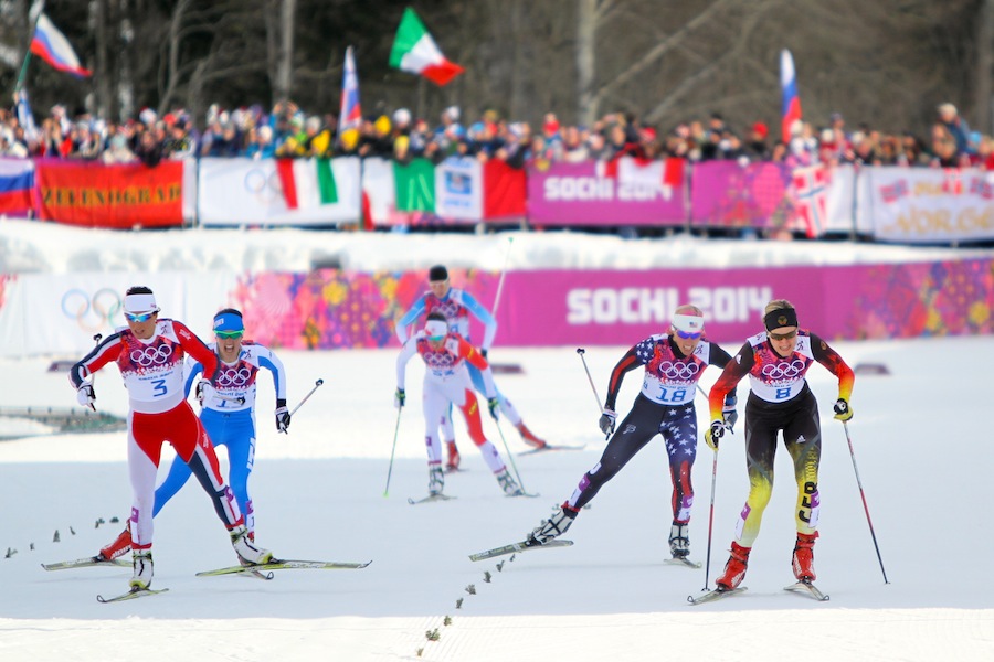 Germany's Denise Herrman (r) leads Norway's Marit Bjørgen (l) down the finishing stretch of the women's freestyle sprint quarterfinals on Tuesday at the 2014 Olympics in Sochi, Russia. American race favorite Kikkan Randall (second from r) tries to hold onto third while Italy's Gaia Vuerich (second from l) charges from behind. Canada's Perianne Jones placed fifth after Randall, who was fourth in the heat, and Finland's Anne Kyllonen was sixth.
