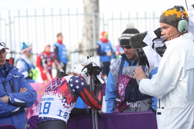 Kikkan Randall with her husband, Jeff Ellis, after being eliminated in the 2014 Olympic skate sprint on Tuesday. 