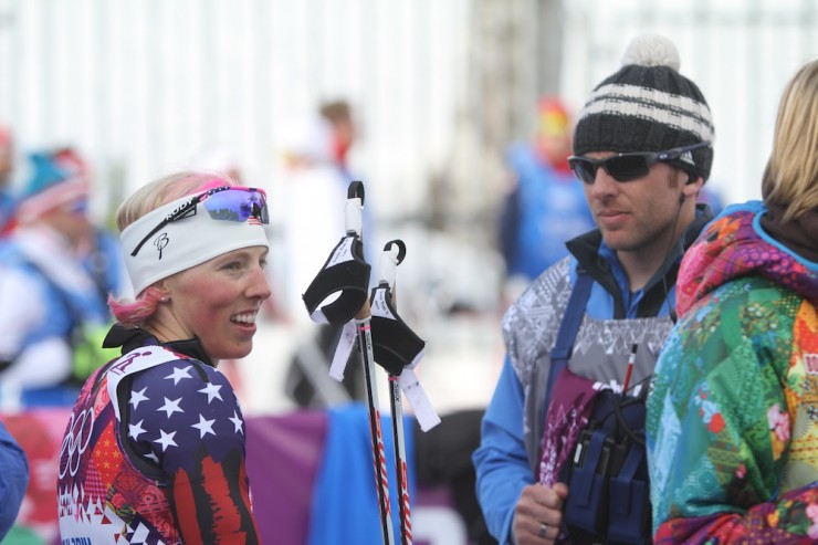 Kikkan Randall with her husband, Jeff Ellis, after being eliminated in the 2014 Olympic skate sprint on Tuesday. 