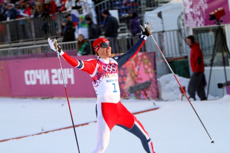 Norway's Ola Vigen Hattestad celebrates winning Olympic gold in the sprint in Sochi.