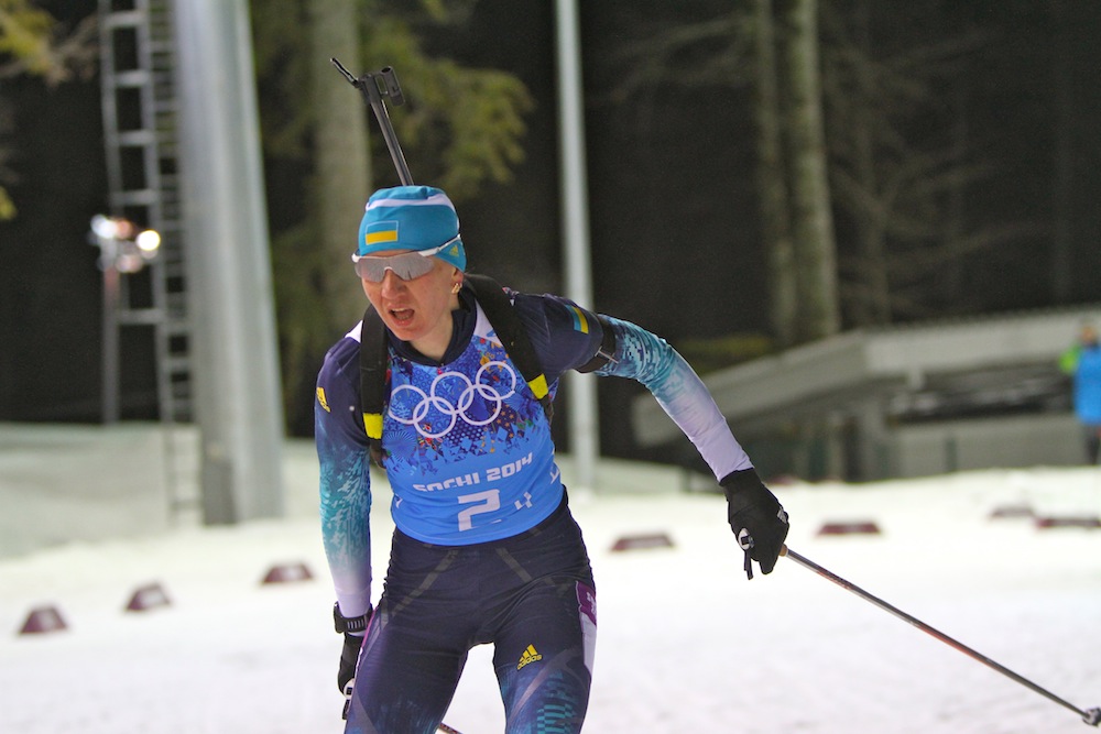 Olena Pidrushna of Ukraine pushes through the last leg of the women's biathlon relay, earning Ukraine their first winter Olympic gold medal since 1992.