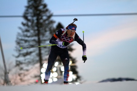 American Lowell Bailey skiing to eighth place in Thursday's individual biathlon race at the Olympics in Sochi, Russia.
