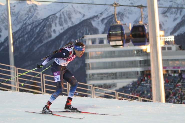 Tim Burke (US Biathlon) en route to placing 44th in Thursday's 20 k individual biathlon race at the 2014 Olympics in Sochi, Russia. 