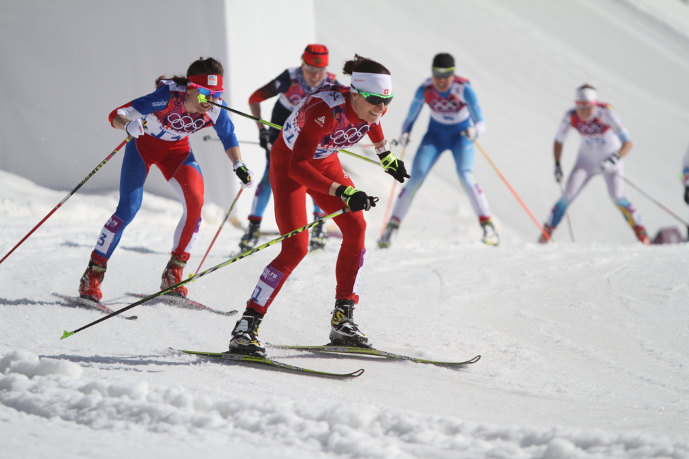 Seraina Boner of Switzerand leading the chase pack into the stadium with 5 k left to go in today's Olympic 30 k competition.