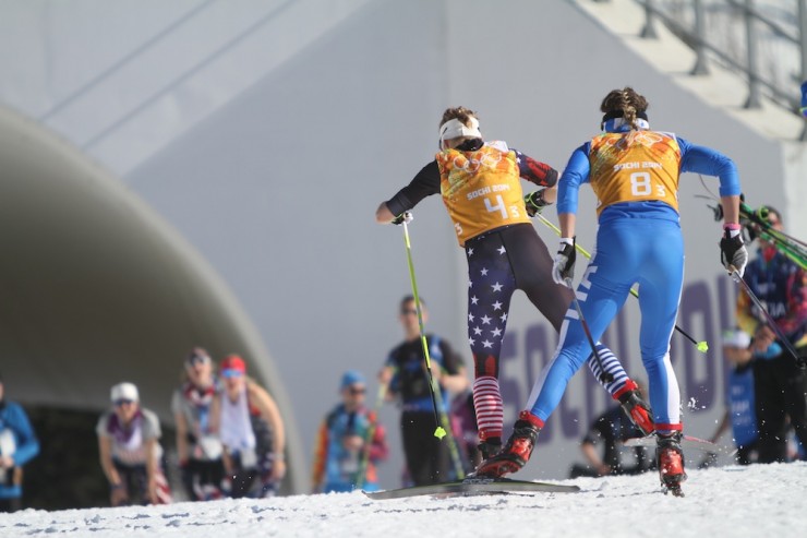 Liz Stephen leads Italy's Marina Piller up a climb out of the stadium on one of two laps during her skate leg of the women's Olympic 4 x 5 k relay on Saturday at the 2014 Sochi Olympics. The U.S. placed ninth, behind Italy in eighth.