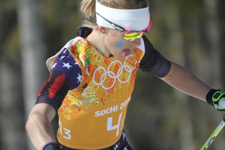 The U.S. women's first skate leg, Liz Stephen holds onto ninth in the Olympic 4 x 5 k relay on Saturday in Sochi, Russia.