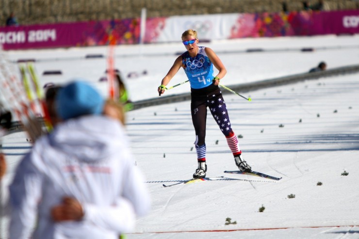 U.S. anchor Jessie Diggins finishing ninth, after taking the wrong route into the lap lanes, in Saturday's Olympic 4 x 5 k relay in Sochi, Russia.