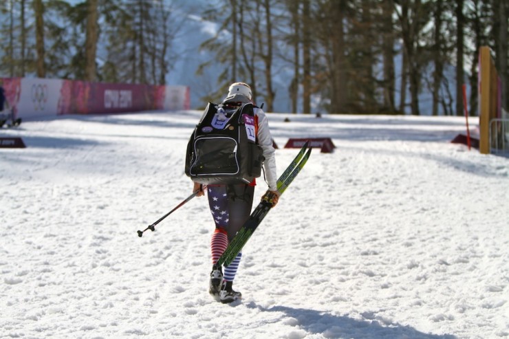 Kikkan Randall leaving the course after the 4 x 5 k relay on Friday at the Sochi Olympics.