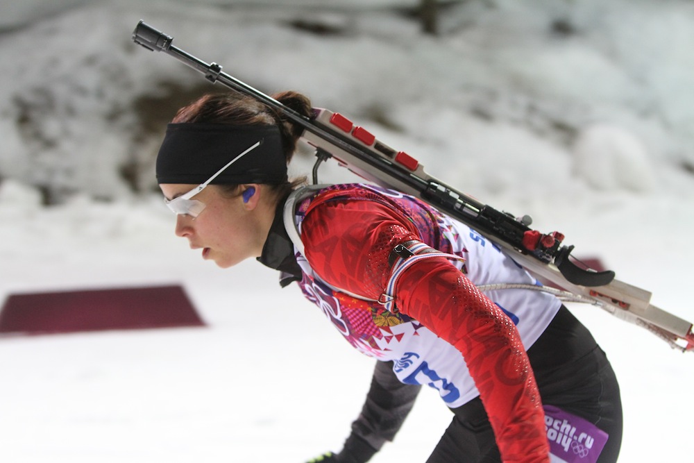 Canada's Megan Imrie racing to 28th in the first mass start of her career -- the women's biathlon 12.5 k mass start at the Sochi Olympics.