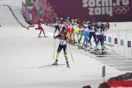 Germany's Evi Sachenbacher-Stehle leaving the range during the 2014 Olympic mass start race. She placed fourth, but was later disqualified after testing positive for a prohibted stimulant. Her ban was reduced from two years to six months, so she will return to competition.