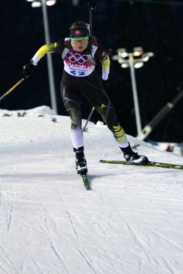 Anastasiya Kuzmina of Slovakia winning the 7.5 k sprint at the Olympics in February.