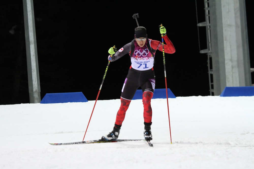 Rosanna Crawford (Biathlon Canada) racing to a career-best 25th in the first race of her second Olympics, Sunday's 7.5 k sprint in Sochi, Russia.