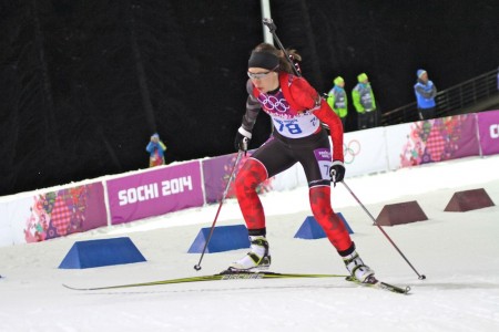 Megan Heinicke (Biathlon Canada) racing to 59th in the 2014 Olympics sprint near Sochi, Russia. 