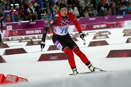 Megan Heinicke making her way around the stadium in Sunday's Olympic 7.5 k sprint in Sochi, Russia.