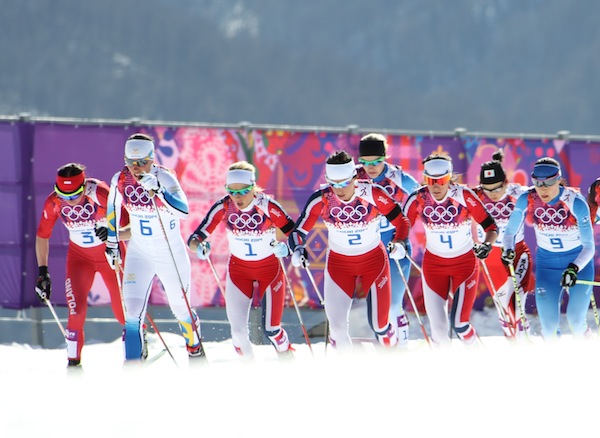 Sweden's Charlotte Kalla leads the women's 15 k skiathlon on Saturday at the 2014 Olympics in Sochi, Russia. 